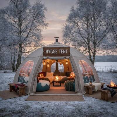 خيمة سرادق لحفلات المناسبات الدنماركية Hygge مريحة معزولة بتصميم جو دافئ للتجمعات الاجتماعية الخارجية في الدنمارك